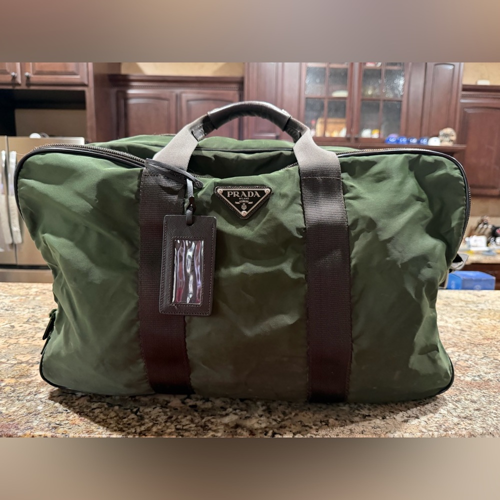 Prada Green Nylon & Brown Leather Duffle Bag